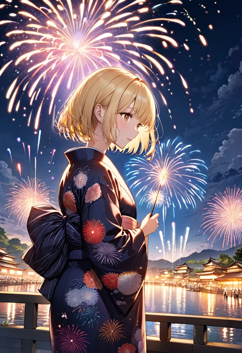 A blonde bob girl is wearing a yukata and watching the fireworks(Glittering yukata). Please draw a beautiful and magnificent picture of the big fireworks at the fireworks display.masterpiece,best quality,ultra-detailed, illustration, detailed light,an extremely delicate and beautiful,dynamic
