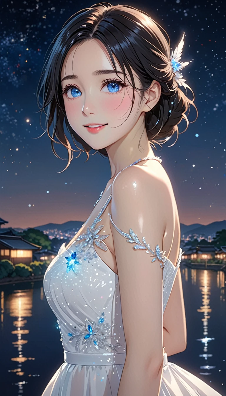 National Science Foundation,masterpiece,High resolution,8k,art,refer to,Kyoto Animation Style,Your Name movie style,To the camera,night,midnight,Light,(1 female: 1.3),(alone: 1.4),Sparkling Light Evening Dress,(Wearing a white dress),(Woman wearing a beautiful formal dress),Pure white dress,Elegant dress with Swarovski crystals,Crystal Hairpin,Long eyelashes,Thin legs,(Medium Hair),(Black Hair),Feminine poses,Sexy pose,close of upper body,Close-up,(Show upper body),Night starry sky,Eyes as deep as the starry sky,(Pale blue eyes),Moist eyes,Shining beautiful eyes,Blushed,shy,shy,Open your lips slightly and smile,Woman as beautiful as an angel,mystery,Mysterious,
