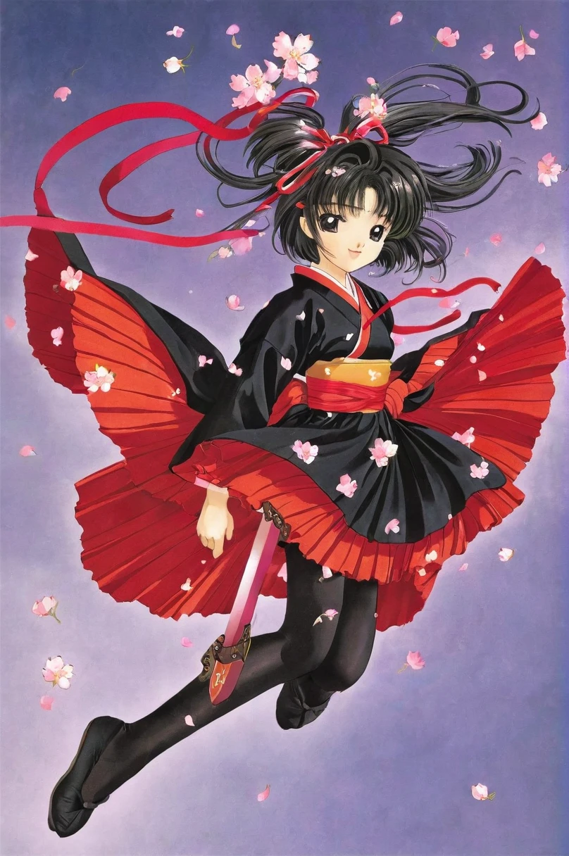 10 year old girl underwear, sakura shinguuji、Realistic bloomers made from patterned cotton fabric, Kimono and Hakama, Fabric Realism, Low Angle, I see bloomers, Pull up the dress by hand, Strong winds, Translucent slip, Translucent slip, tights, Highest quality, whole body、Black Hair、Holding a sword、Big ribbon in hair