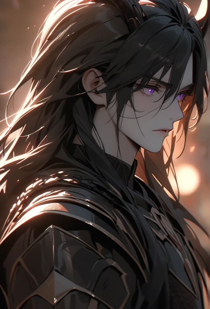 (solo), masculine, black hair, messy hair, mane hair, long hair, dense hair, wild hair, expressive hair, mature,(25 year old), pale skin, purple eyes, ((man)), wearing black armor, serious, ((black dragon horns)), handsome, attractive, eye reflection, depth of field, thunder aura,cinematic lighting, ray tracing, depth of field, cinematic lighting, ray tracing, UHD, high details, best quality, highres, high quality, award winning, super detail, masterpiece, 8k, UHD, high details, best quality, highres, high quality, award winning, super detail, masterpiece, 8k, digital art, anime coloring, body shot, good face, perfect face, detailed face, good eyes, facing foward