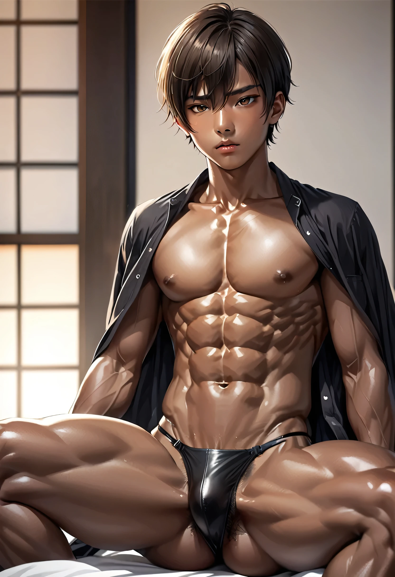 high quality, detailed, Realistic, japanese boy,(detailed brown eyes), (abs:1.5), (deep dark skin:1.3), (detailed areola), blacku short hair, (black tiny thong), (bulge), spread legs,