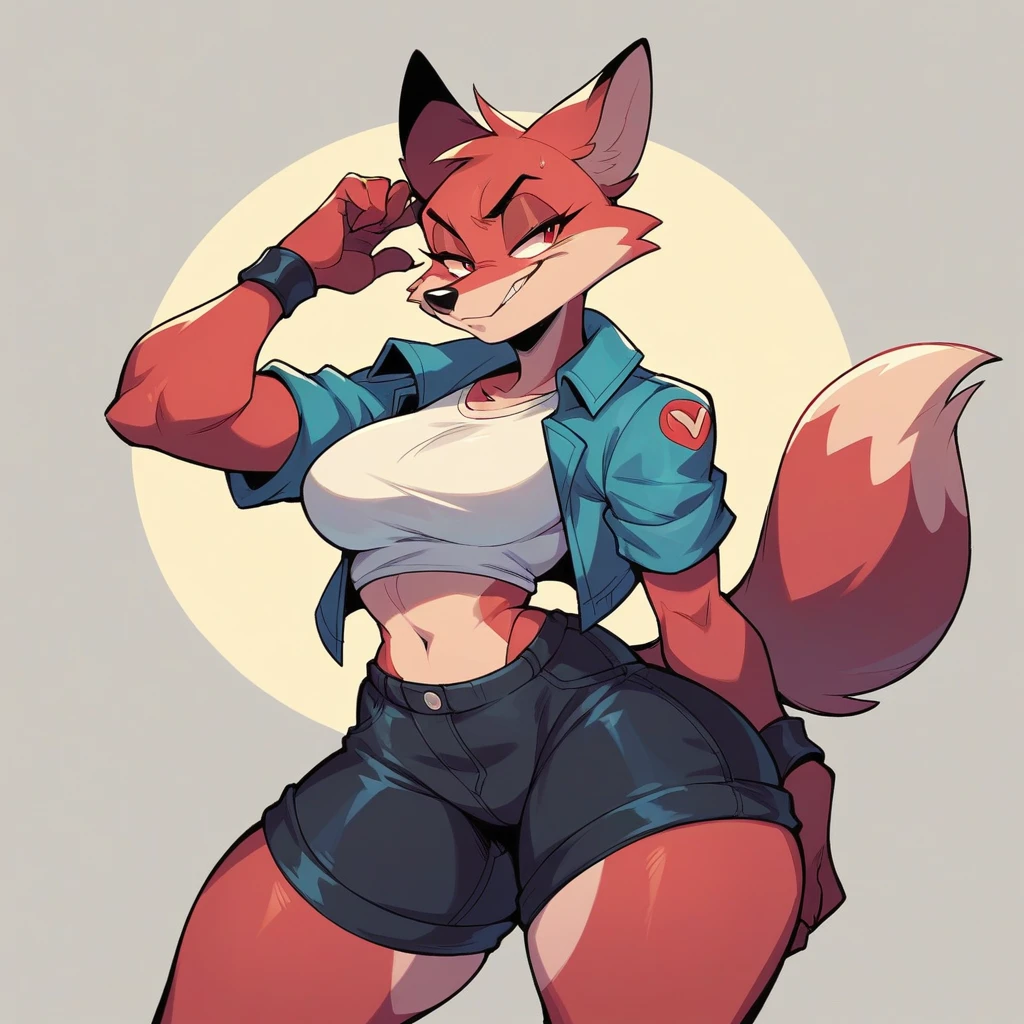 Animated foxy TOON, wearing black shorts, has thicc thighs, in the cyberspace.
