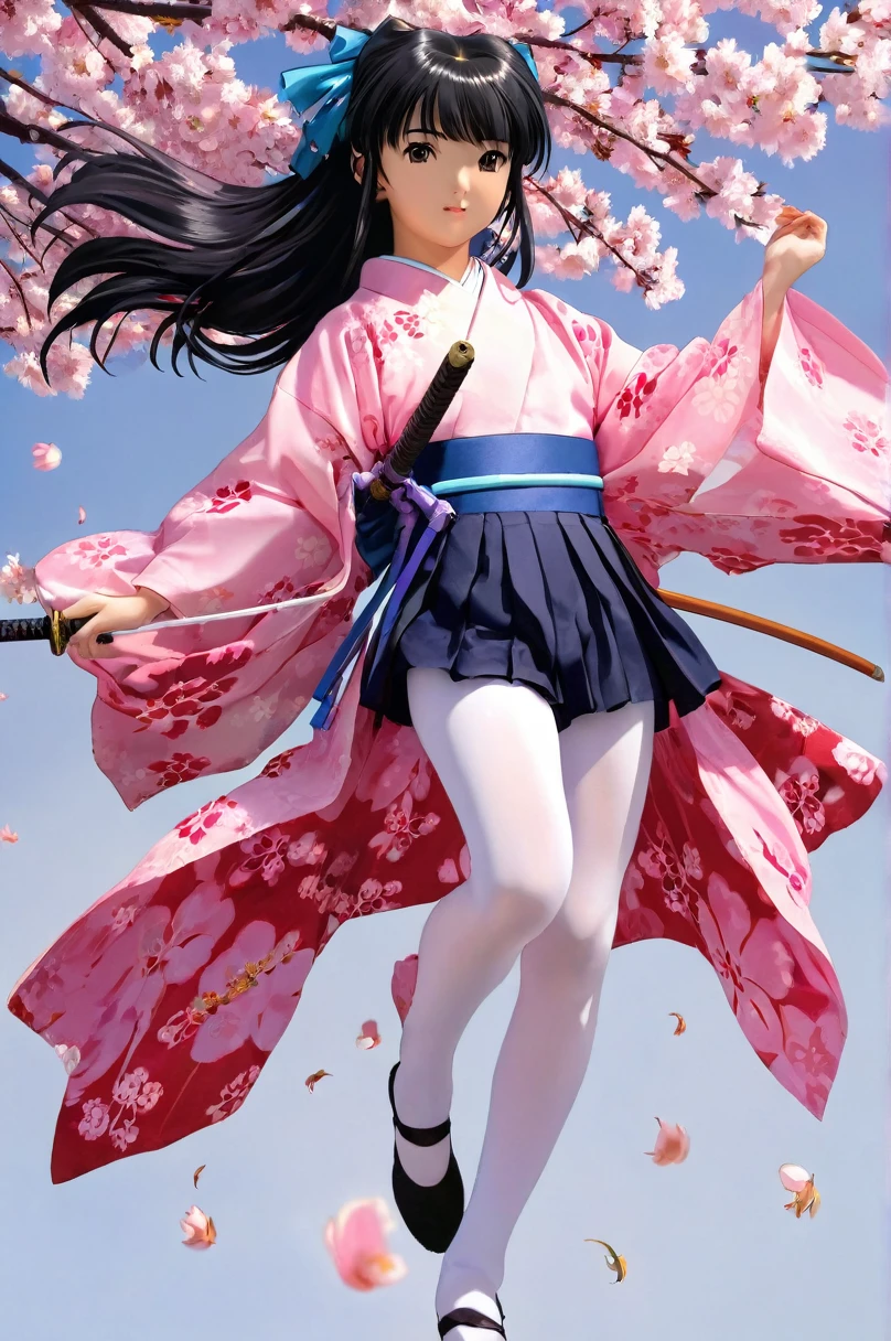10 year old girl underwear, sakura shinguuji、Realistic bloomers made from patterned cotton fabric, Kimono and Hakama, Fabric Realism, Low Angle, I see bloomers, Pull up the dress by hand, Strong winds, Translucent slip, Translucent slip, tights, Highest quality, whole body、Black Hair、Holding a sword、Big ribbon in hair