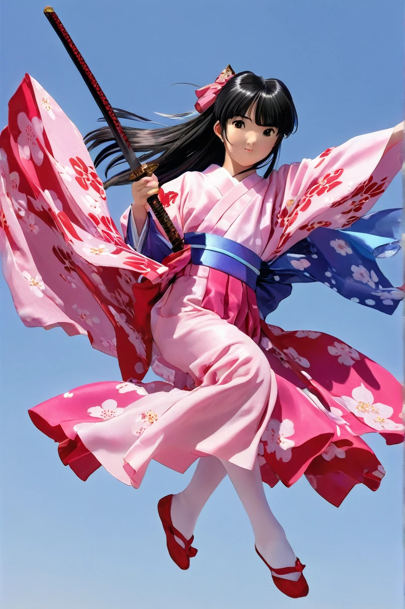 10 year old girl underwear, sakura shinguuji、Realistic bloomers made from patterned cotton fabric, Kimono and Hakama, Fabric Realism, Low Angle, I see bloomers, Pull up the dress by hand, Strong winds, Translucent slip, Translucent slip, tights, Highest quality,  whole body、Black Hair、Holding a sword、Big ribbon in hair