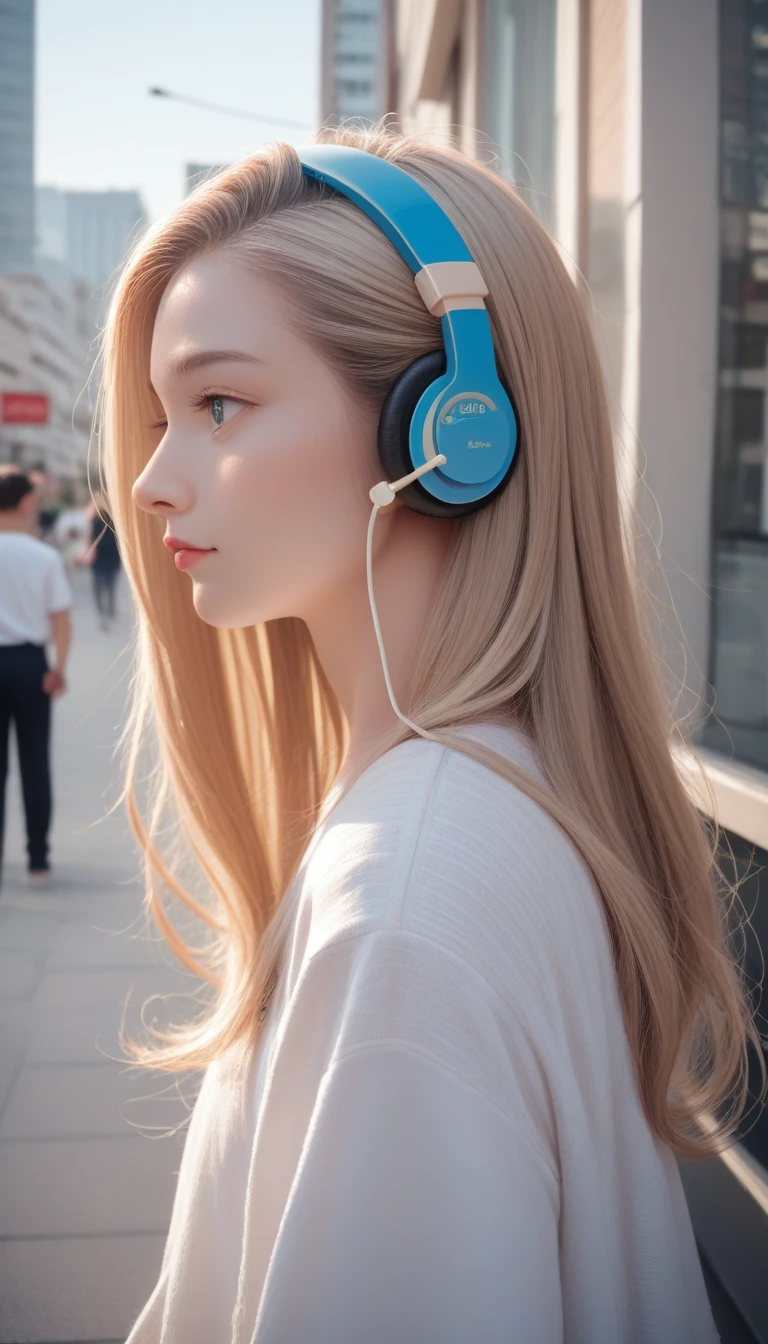 (masterpiece), (best quality, high resolution, Very detailed, illustration), 1 Girl, Solitary, City, contemporary, Profile picture close-up, Long blonde beige hair, Green Eyes, Beautiful and delicate eyes, Squat, earphone, 8K, Popular on artstation, Featured on Pixiv