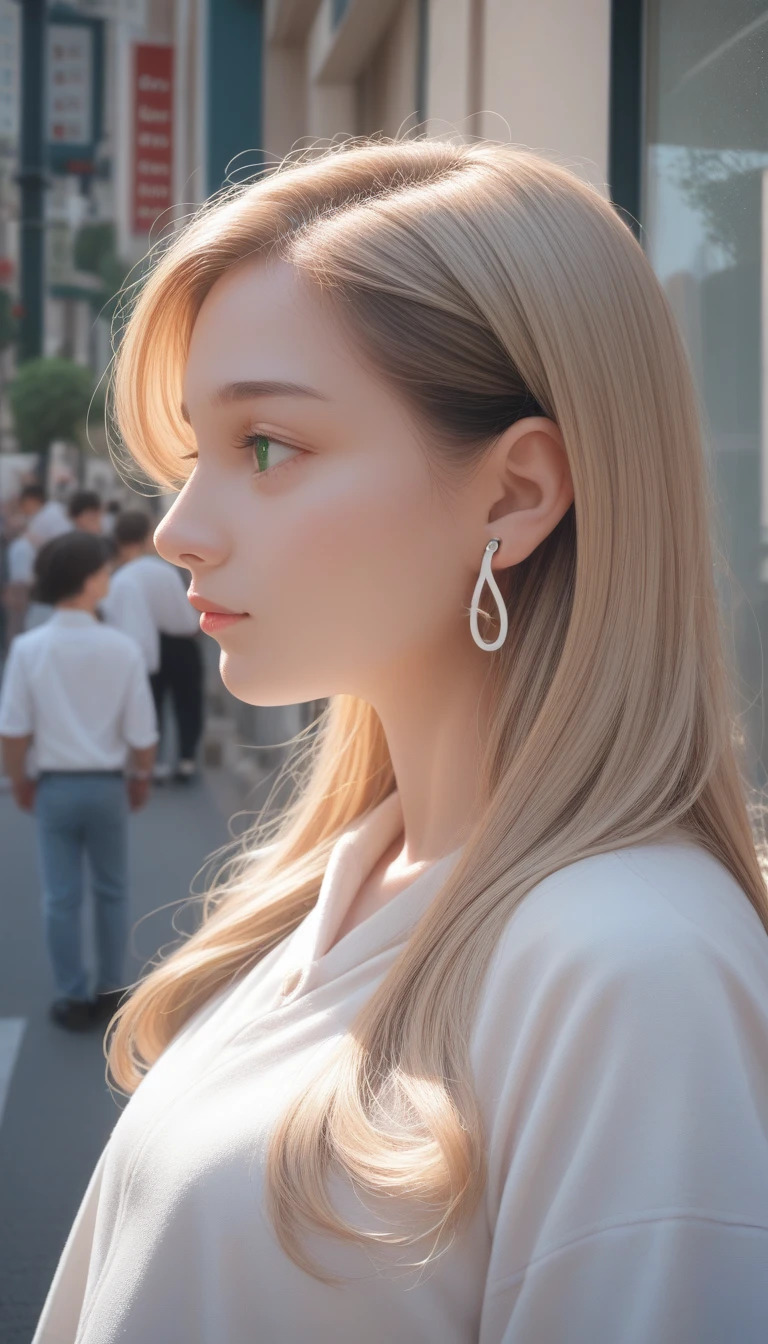 (masterpiece), (best quality, high resolution, Very detailed, illustration), 1 Girl, Solitary, City, contemporary, Profile picture close-up, Long blonde beige hair, Green Eyes, Beautiful and delicate eyes, Squat, earphone, 8K, Popular on artstation, Featured on Pixiv