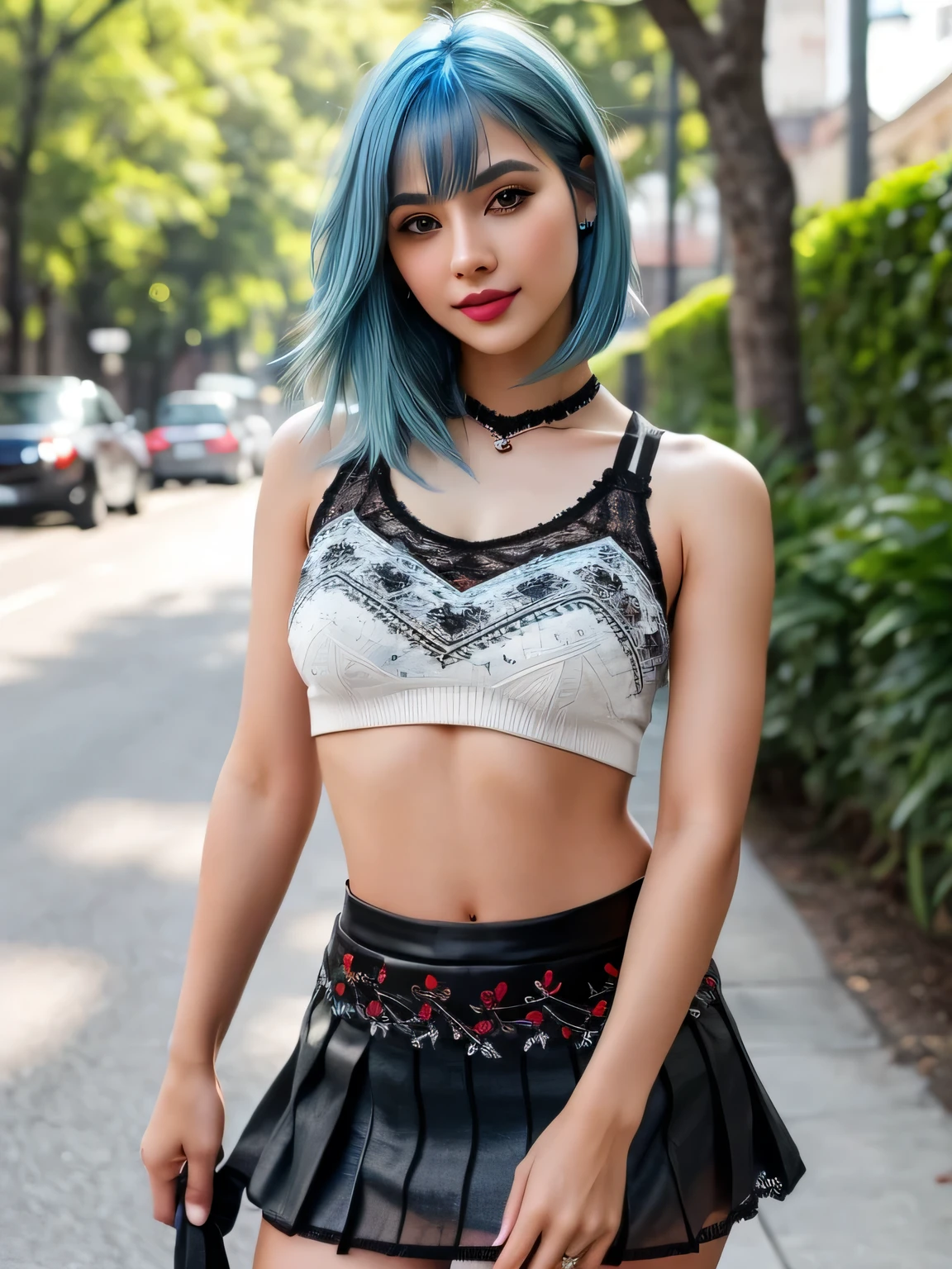 (blue hair:1.4), short hair, realistic green eyes, cobalt hair, long bob hair, tousled hair, shoulder length hair, Full body, woman with white skin and Asian features, 24 year old, big breast. She has a small, elegant nose with a slight upward curve at the tip. Her lips are full and naturally pink, with a well-defined Cupid's bow. Her teeth are straight and white, enhancing her captivating smile. Her face has an oval shape with high cheekbones that add to her model-like appearance. highly detailed glowing eyes, specular light, extreme quality, crystal clear, cute face, detailed skin pores, oil Dark skin, brown, complex eye details, 8K, (masterpiece:1.3), ultra detailed, ultra high res, (realistic, photo realistic:1.37), high detail RAW color photo, professional photograph, 1 girl with a perfect body, super fine face and eyes, (dark makeup, pink lipstick, eyeliner), ((cowboy shot)), (perfect proportions), (anatomically correct), ((view the viewer)), (embroidered lace ethereal tanktop:1.2) black, silver Color, ((red, (black mini skirt:1.2))), ((Valley exposure:1.3)), beautiful cheekbones, (slim belly:1.2), (narrow waist:1.4), The attention to detail, On the street, (short hair:1.2), (short hair:1.3), (short hair:1)