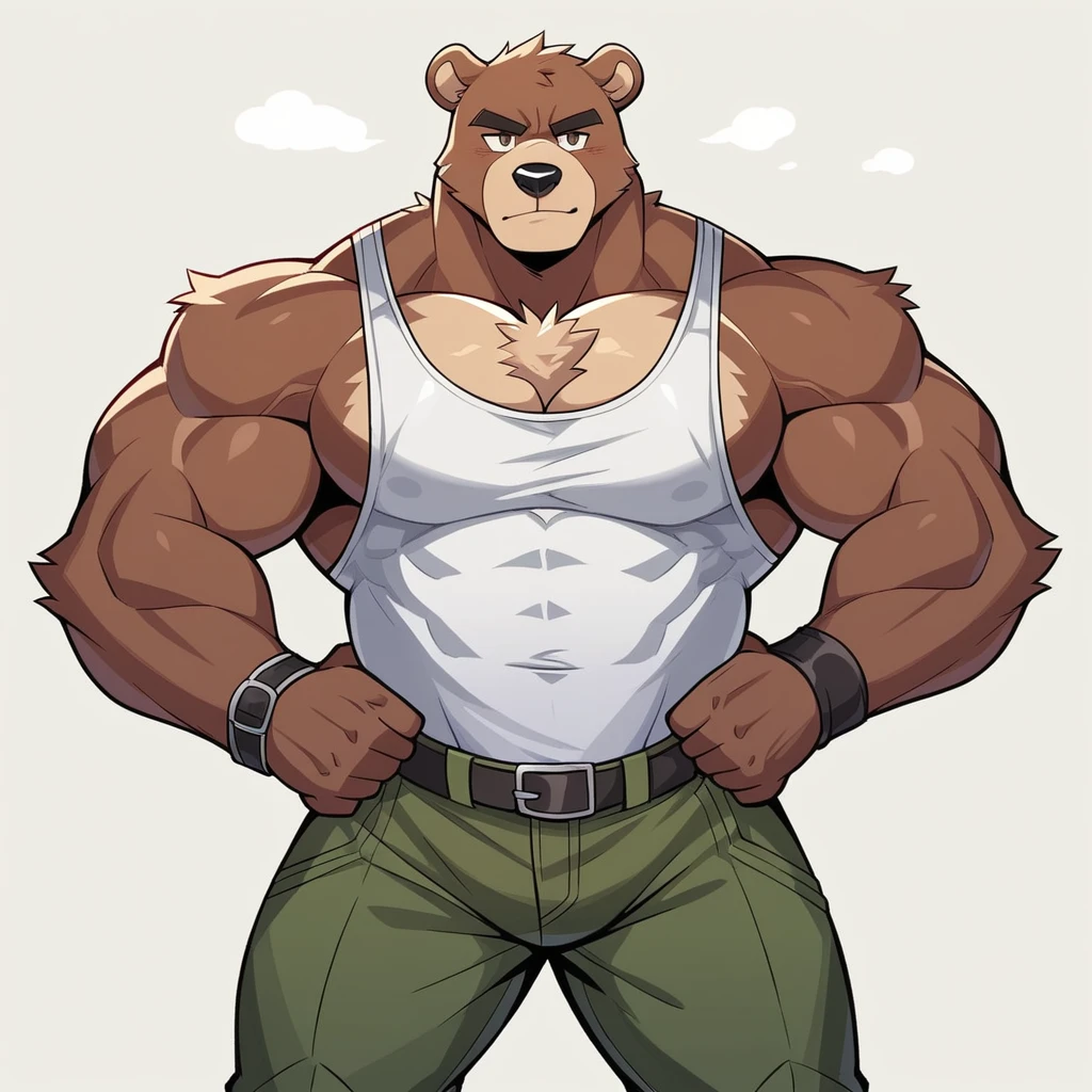 A muscular furry bear with an imposing and charismatic appearance. This anthropomorphic bear combines human and bear characteristics, highlighting his strength and powerful presence.

Physical Characteristics:

Facial features:

Friendly face but with marked and defined features.
Expressive light brown eyes, with a confident and warm look.
Prominent snout with a shiny black nose.
Ears rounded and slightly inclined forward.
body:

Robust and athletic body structure, with clearly defined muscles in arms, Chest and abdomen.
Broad shoulders and an upright posture that highlights your physical power.
Short, dense dark brown fur, with some lighter areas around the chest and belly.
Visible but non-intimidating claws on hands and feet.
Clothes and accessories:

He is wearing a sleeveless shirt that exposes his muscular arms., dark gray.
Military green cargo pants, tight but comfortable.
Durable black boots.
A belt with a large silver buckle.
He wears a leather bracelet on his left wrist..
context:

The background shows a natural environment, possibly a forest, with tall trees and a clear sky.
Sunlight passes through the leaves, creating a play of lights and shadows on the character.
The bear is standing, with one hand on the hip and the other raised in greeting or welcome.
Possible Expression and Attitude:

The bear has a friendly and confident expression, with a light smile that shows his approachable nature despite his imposing appearance.
Body posture reflects confidence and openness, suggesting that he is protective and friendly.