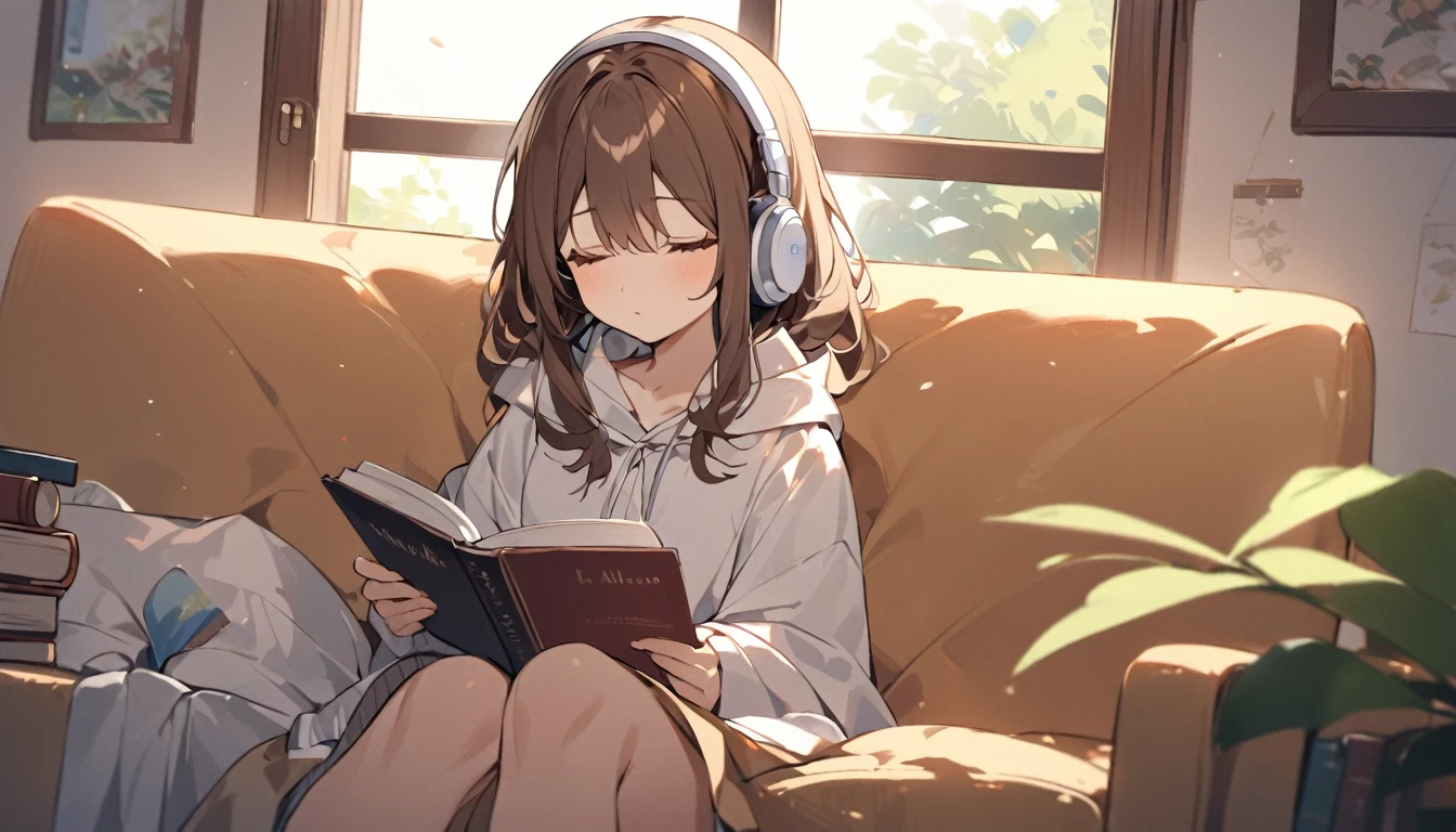 Girl wearing headphones。Brown Hair,1 person。bright。On the sofa by the window、A girl falls asleep while reading a book with headphones on。