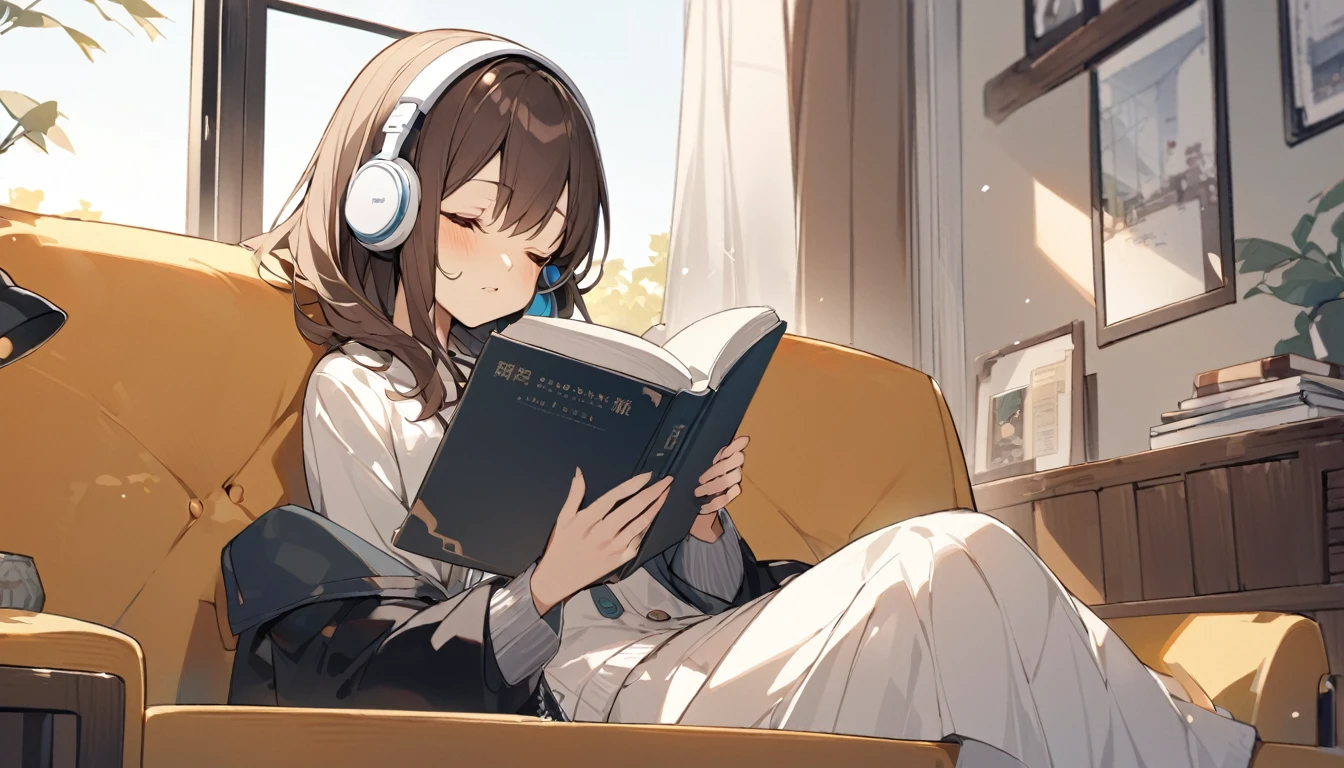 Girl wearing headphones。Brown Hair,1 person。bright。On the sofa by the window、A girl falls asleep while reading a book with headphones on。