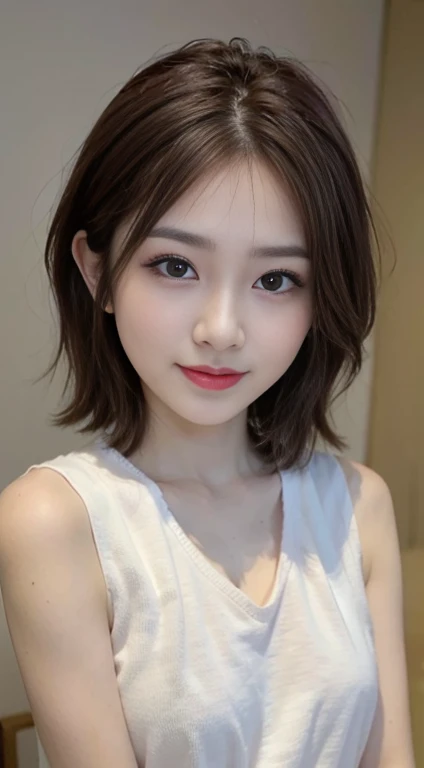 blush a little and smile, (Top quality masterpiece:1.2) Delicate illustrations, Very detailed, /Beautiful Japanese Woman、1 person,Very cute and slim、Great style 、((8k images、super high quality))、Very delicate face, Skin and Hair、Big Breasts、beautifule forehead、Red lipstick、(((((short hair、Light brown hair、Lure))))),Very cute Japanese cut face、Eyes and nose are clearly visible、Kind eyes,((((White sleeveless fashion))))