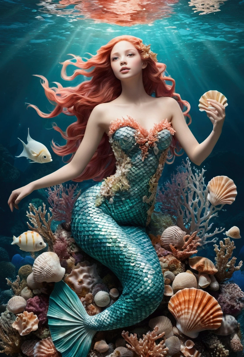 Creating a surreal piece of art with a mermaid as the main character: title: "Metaphysical Mermaid" specification: size: Full Figure, sharp, High resolution (High resolution). style: Surrealist, Sophisticated and detailed. background: 3d, Magnificent and fantastical sea elements are woven together. face: 人魚姫のfaceは完璧でなければならない, soft, Bright and delicate features. detailed: Complex, Detailed seashell accents, Coral, Algae and modified marine organisms. atmosphere: Make the image fantastic, Magical and inspiring, Capturing both the aquatic presence and the dreamlike dimension.