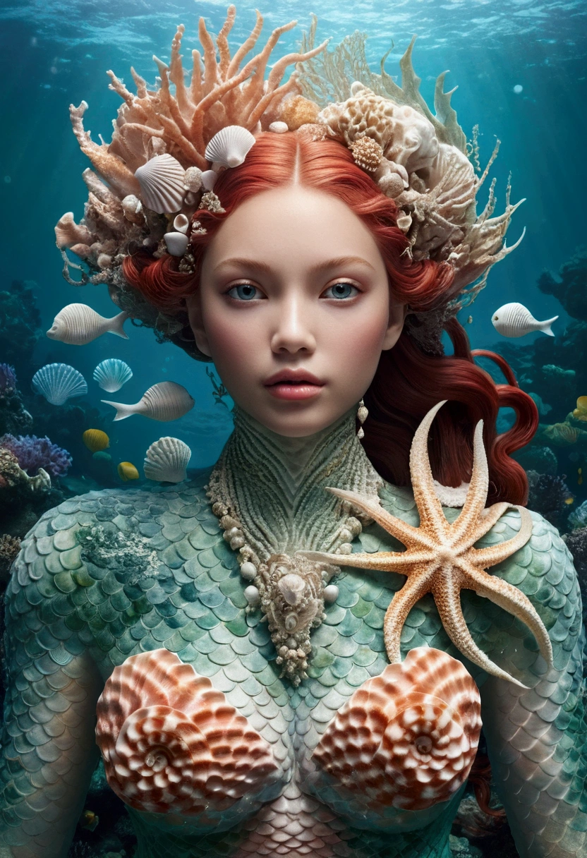 Creating a surreal piece of art with a mermaid as the main character: title: "Metaphysical Mermaid" specification: size: Full Figure, sharp, High resolution (High resolution). style: Surrealist, Sophisticated and detailed. background: 3d, Magnificent and fantastical sea elements are woven together. face: 人魚姫のfaceは完璧でなければならない, soft, Bright and delicate features. detailed: Complex, Detailed seashell accents, Coral, Algae and modified marine organisms. atmosphere: Make the image fantastic, Magical and inspiring, Capturing both the aquatic presence and the dreamlike dimension.
