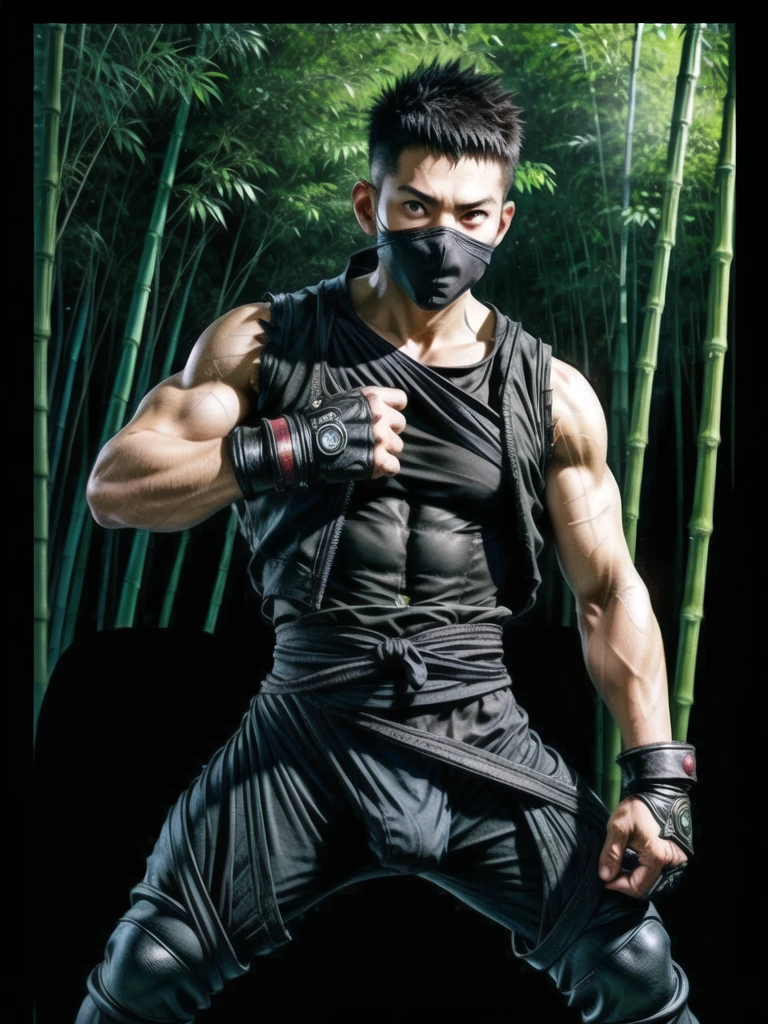 (((Cover your nose and neck with black cloth)))、Japanese men、((Sweating profusely))、(((Distention of the crotch area)))、Fromside、(((fighting stance)))、((Sleeveless ninja jacket))、(((Ninja Pants)))、(((Ninja Gaiters)))（Arm tattoo）、Muscular、(Glowering look、looking at viewer、big eyes、furious)、((Bamboo grove)、sidecut Spiky hair、16 years old、((full body))、 Detailed Background, The finer details、Real、3K、Highest quality