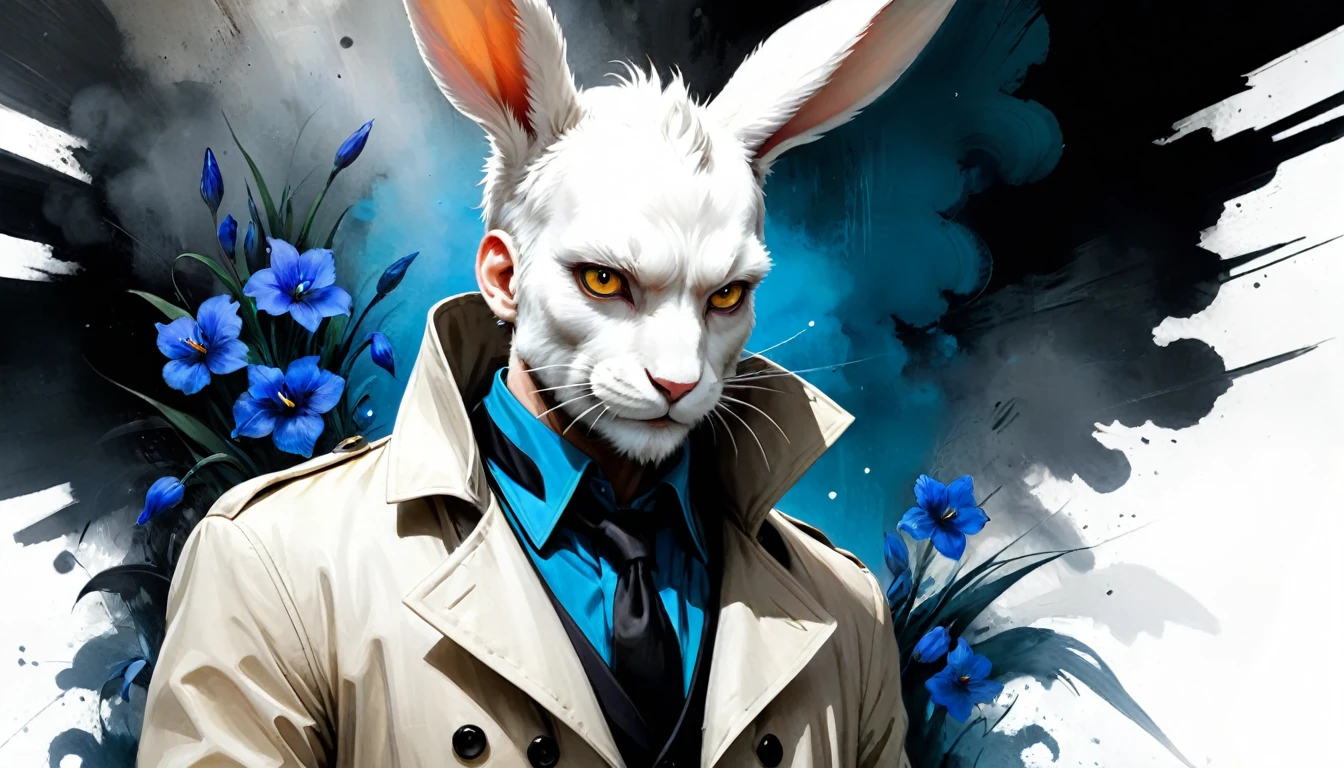 Painting of a man with a white rabbit head in a white trench coat, russ mills, by Ben Templesmith, inspired by Santiago Caruso, inspired by ashley wood, ashley wood illustration, from the sandman netflix show, stern looking rabbit in a lab coat, inspired by Stephen Gammell, eric lacombe, shawn coss, stephen gammell style, inspirational artwork, big bulging bloodshot rabbit eyes with blue irises, The rabbit man looks old but strong almost like an old military veteran