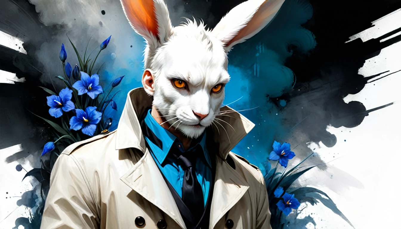 Painting of a man with a white rabbit head in a white trench coat, russ mills, by Ben Templesmith, inspired by Santiago Caruso, inspired by ashley wood, ashley wood illustration, from the sandman netflix show, stern looking rabbit in a lab coat, inspired by Stephen Gammell, eric lacombe, shawn coss, stephen gammell style, inspirational artwork, big bulging bloodshot rabbit eyes with blue irises, The rabbit man looks old but strong almost like an old military veteran