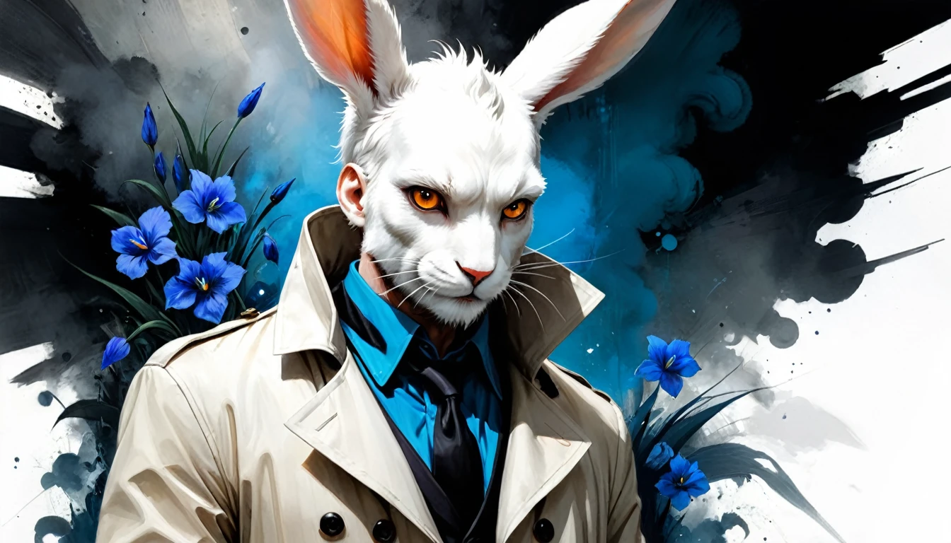 Painting of a man with a white rabbit head in a white trench coat, russ mills, by Ben Templesmith, inspired by Santiago Caruso, inspired by ashley wood, ashley wood illustration, from the sandman netflix show, stern looking rabbit in a lab coat, inspired by Stephen Gammell, eric lacombe, shawn coss, stephen gammell style, inspirational artwork, big bulging bloodshot rabbit eyes with blue irises, The rabbit man looks old but strong almost like an old military veteran