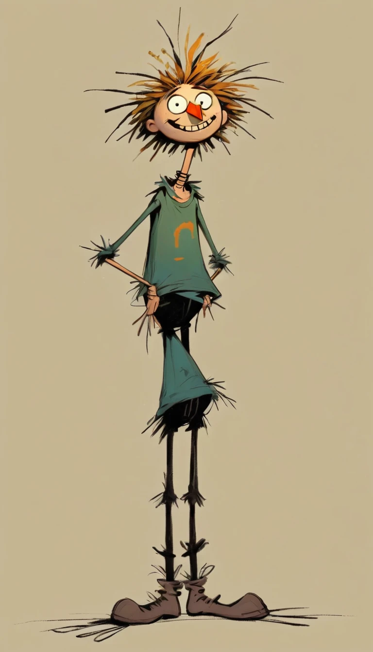 (((Exaggerated digital character sketches:1.37，Matchstick Men))).(1 Scarecrow，(Exaggerated expression,Exaggerated hairstyle)，Messy hair)，(Black sketch lines，Loose brushstrokes create the outline，Cartoon Style. Bright colors and simplified lines, sketch)。(Exaggerated body movements，Long legs),(Large area of blank）