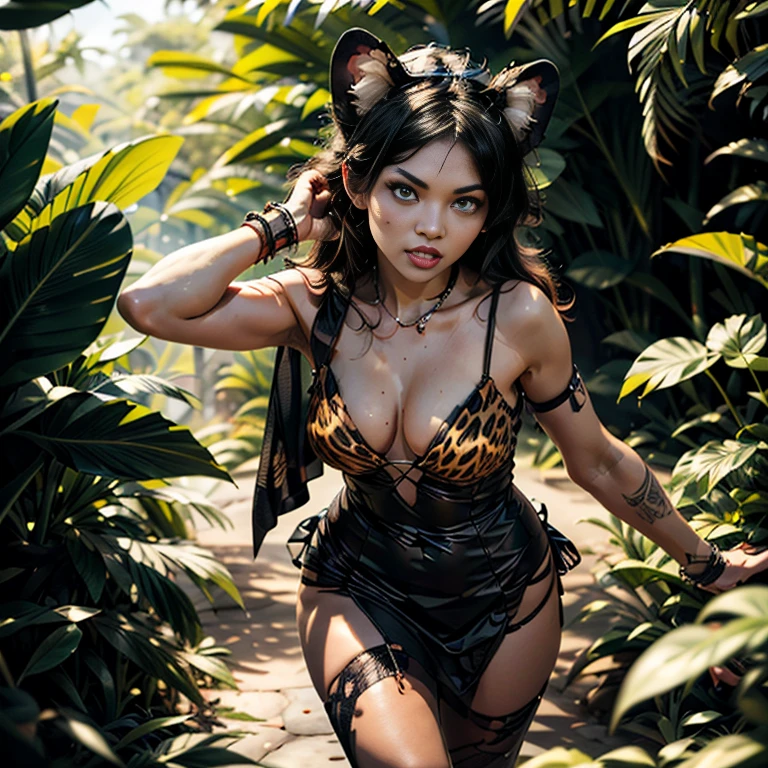 niji、eyesgod、venusbody、(Jungle Adventure:1.5)、In the mangrove forest(Running with motion blur effect)、Wearing a black dress_A woman like a leopard:1.9、Surprised expression、Photographed from the front、Cowboy Shot、Lush tropical foliage、Dramatic lighting、Cinematic composition、Very detailed、Photorealistic、8k、masterpiece