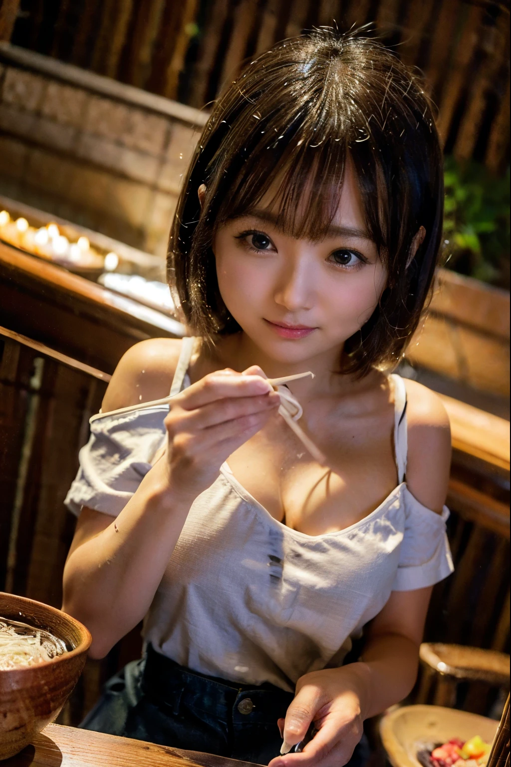 8K, RAW Photo, Best Quality, Masterpiece, Realistic, PhotoRealistic, Extremely Detailed 8K Wallpaper, Beautifully Detailed Eyes, Finely Detailed Face, 
 BREAK 
Professional Lighting, High-Key Lighting, 
 BREAK 
nagashi_soumen, A Lady is Playing Japanese Somen Noodles:1.3, (by Using Chopsticks), 
Japanese Somen Noodles are Flowing Down Slide with Running Water:1.5, 
Slide is Made of Bamboo, 
Thin Curl Noodles, 
Outside, Summer, 
 BREAK 
Perfectly Anatomically Correct:1.4, 5 Beautiful Finger:1.2, 
 BREAK 
1 Lady, Very Short Bob Cut:1.2, Japanese, Wide-Set Eyes, Very White Skinned, Blush, Embarrassed, (19-Year-Old), Pouted Cheek, Open Mouse Slightly, 
Brown Hair, Wet Hair, Messy Hair, (Light Smiling:1.4), (cleavage), 
[[Upturned Beautiful Spherical Ball Shape Buttocks, Medium ASS]], 
Wearing Marc Jacobs Off Shoulder Top + Marc Jacobs Shorts, 
Looking Up Viewer, Dynamic Angle, 
 BREAK 
SFW:1.0, Non-Nipples:1.0, 
 BREAK 
Eye Focus, Bokeh:1.0