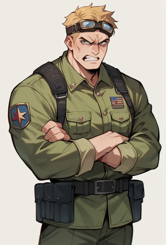 Human Male Adult  , hair Style blonde , goggles on head  ,soldier outfit black,and furious face,blooding 