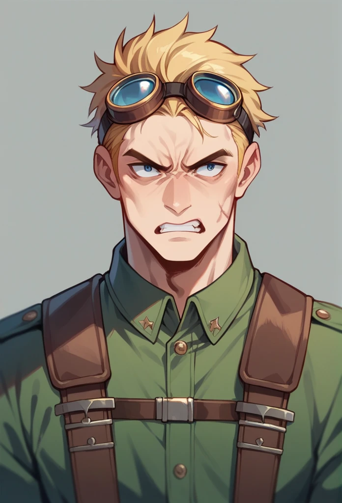 Human Male Adult  , hair Style blonde , goggles on head  ,soldier outfit black,and furious face,blooding 