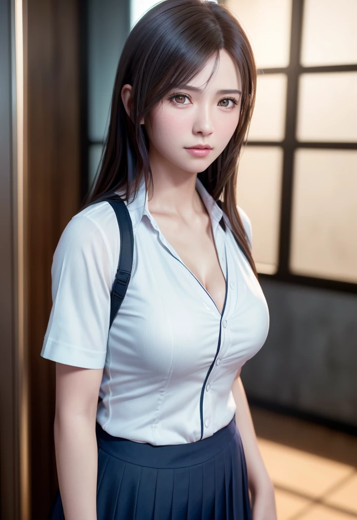 (((realistic photo shot))),, Portrait, (Face of fear:1.3),, Beautiful Girl, Looking at Viewer, , (School uniform:1.2), Shirt buttons and trousers, , (Big cleavage:1),, On Japan Street, (details in environment:1.3),, (Raw photo, cg unity, Photography, super realistic details, Sharp Focus, Detailed skin,4K, hight resolution, masutepiece, Best Quality, Realistic, Vibrant:1.2),, (8K,4K, nffsw, High resolution, Professional, Cinematic, movie, Dramatic),, (anamorphic depth of field blur background), Detailed background,