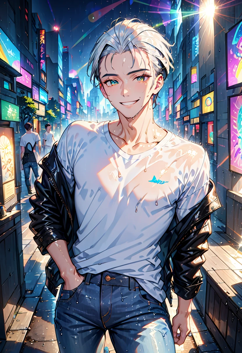 "Create an image of a handsome counselor without a beard. He is wearing a black leather jacket, a white T-shirt, jeans, and boots. He has short, slicked-back, silver, expressive, wet, and shiny hair. The background is a neon-lit city at night. He has a cheerful mood and a wry smile, with a calm, piercing gaze. He is holding a cigarette. He is either leaning against a wall or walking. Surrealism, Conceptual art, cowboy shot, lens flare, 8k, super detail, UHD, masterpiece, anatomically correct, textured skin, super detail, high details, high quality, award-winning, best quality, highres."