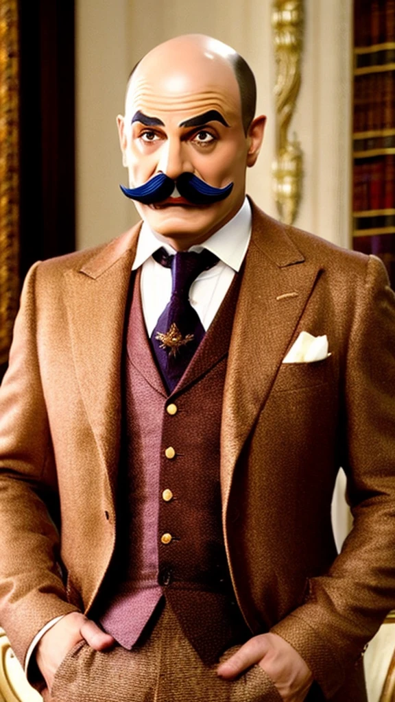 Hercule Poirot、Luxury Suits、Touching the moustache、Confident expression、Bald