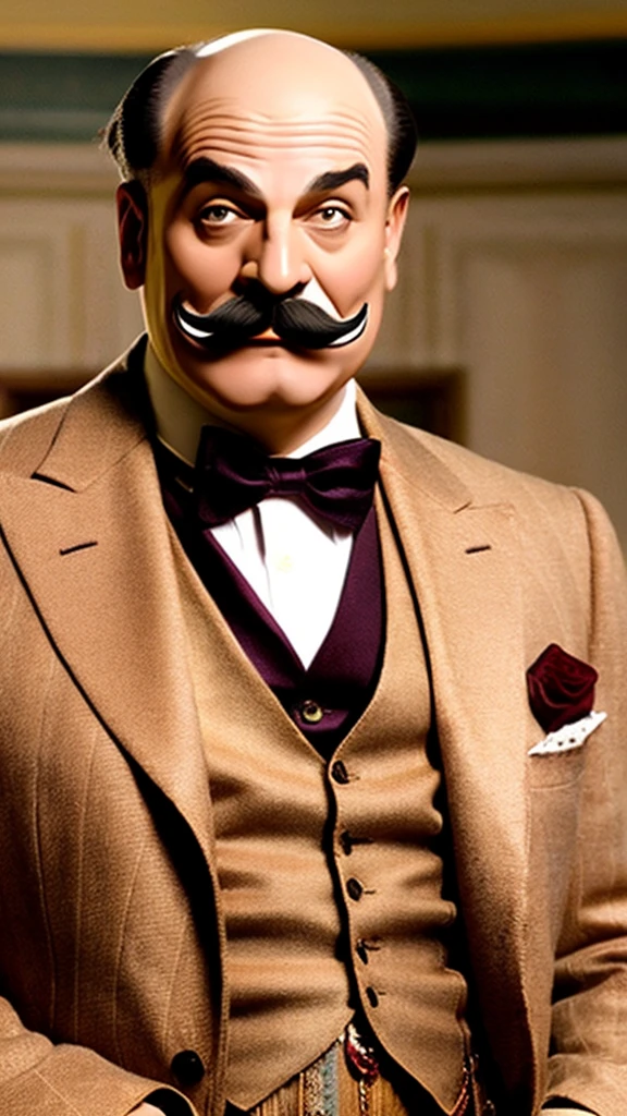 Hercule Poirot、Luxury Suits、Touching the moustache、Confident expression、Bald