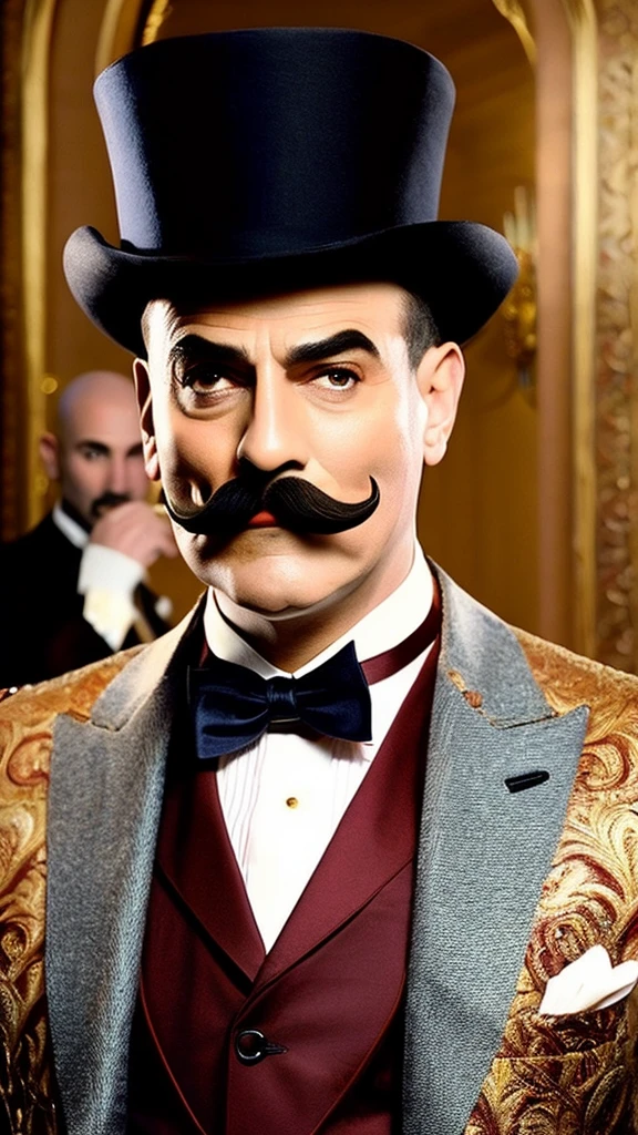 Hercule Poirot、Luxury Suits、Touching the moustache、Confident expression、Bald