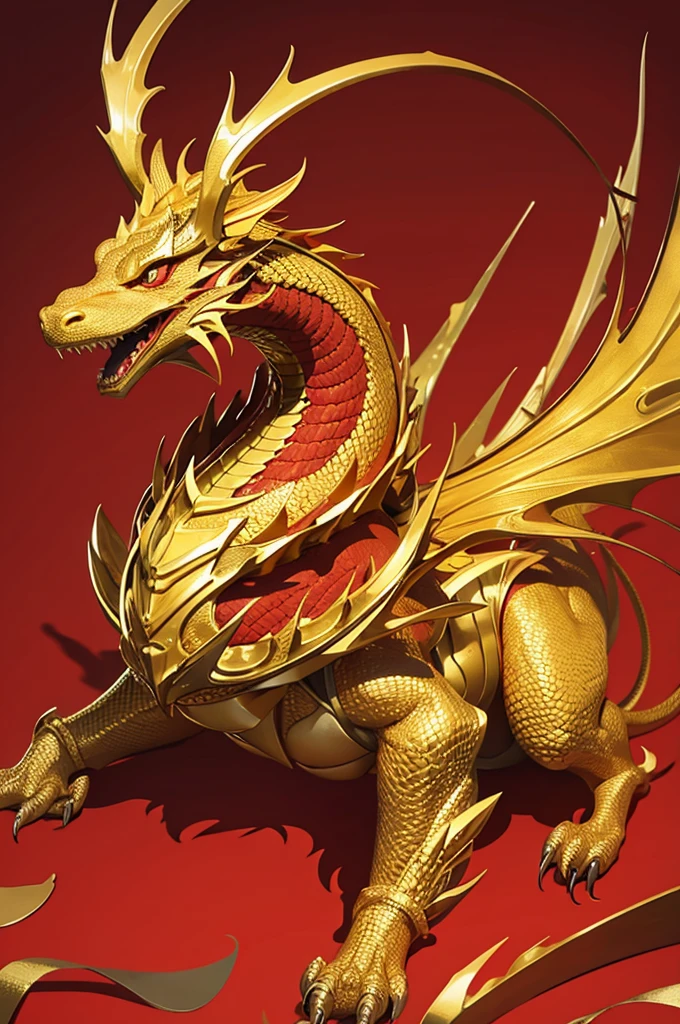 golden asian dragon in red backgroud, flat design,