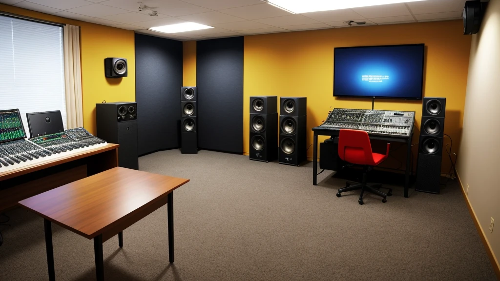 Recording studio interior. Professional room divided into a control room and a recording room. The control room has a large mixing console with many faders and buttons, studio monitors, and several screens for working with audio programs. Soundproof panels and windows hang on the walls, through which the recording room is visible. There is a microphone on a stand in the recording room., acoustic guitars and basses on stands, Drum set, keyboards and several amplifiers. There is a sofa for relaxing in the corner of the room. The lighting is soft and warm, creating a comfortable atmosphere for musicians. On the table in the control room there is a laptop and various audio accessories