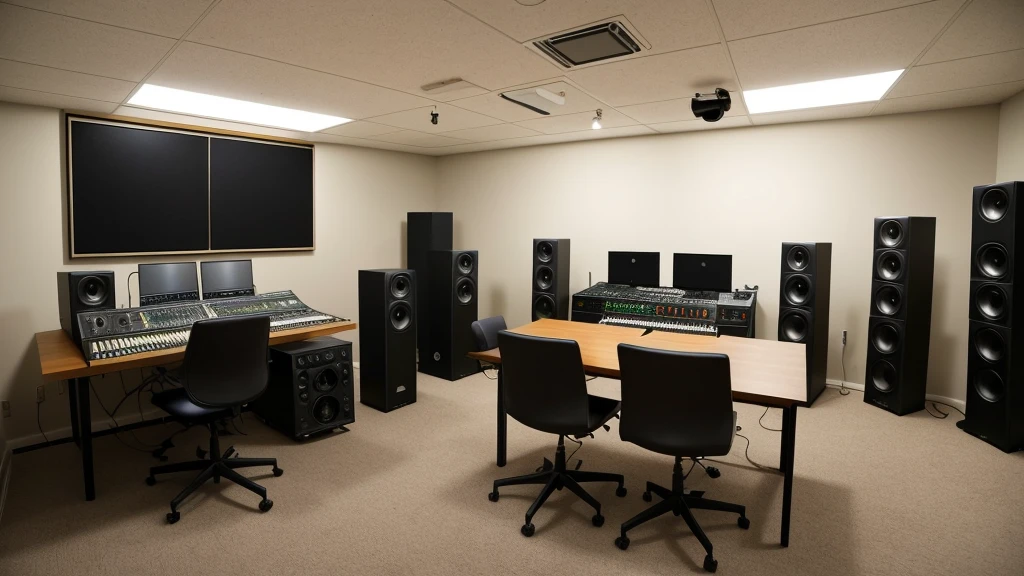 Recording studio interior. Professional room divided into a control room and a recording room. The control room has a large mixing console with many faders and buttons, studio monitors, and several screens for working with audio programs. Soundproof panels and windows hang on the walls, through which the recording room is visible. There is a microphone on a stand in the recording room., acoustic guitars and basses on stands, Drum set, keyboards and several amplifiers. There is a sofa for relaxing in the corner of the room. The lighting is soft and warm, creating a comfortable atmosphere for musicians. On the table in the control room there is a laptop and various audio accessories