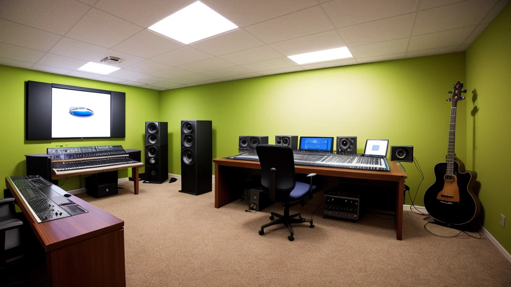 Recording studio interior. Professional room divided into a control room and a recording room. The control room has a large mixing console with many faders and buttons, studio monitors, and several screens for working with audio programs. Soundproof panels and windows hang on the walls, through which the recording room is visible. There is a microphone on a stand in the recording room., acoustic guitars and basses on stands, Drum set, keyboards and several amplifiers. There is a sofa for relaxing in the corner of the room. The lighting is soft and warm, creating a comfortable atmosphere for musicians. On the table in the control room there is a laptop and various audio accessories
