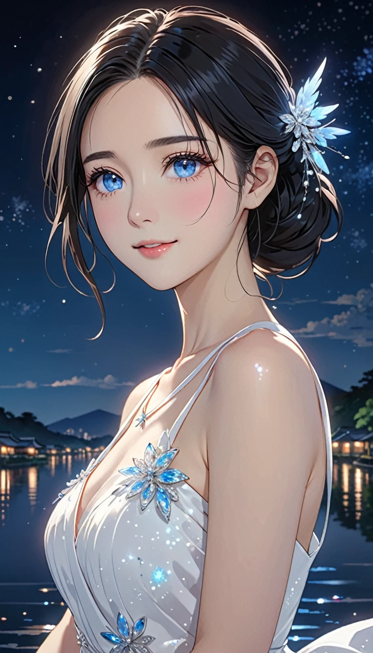 National Science Foundation,masterpiece,High resolution,8k,art,refer,Kyoto Animation Style,Your Name movie style,To the camera,night,midnight,Light,(1 female: 1.3),(alone: 1.4),閃閃發Light的晚禮服,(Wearing a white dress),(Woman in a beautiful formal dress),Pure white dress,Elegant dress with Swarovski crystals,Crystal Hairpin,Long eyelashes,Thin legs,(Medium Hairstyles),(Black Hair),Feminine poses,Sexy pose,Upper body close-up,close,(Show upper body),nightの星空,Eyes as deep as the starry sky,(Pale blue eyes),Watery eyes,Shining beautiful eyes,Blushed,shy,shy,Please smile with your lips slightly open,Woman as beautiful as an angel,mystery,mystery的な,