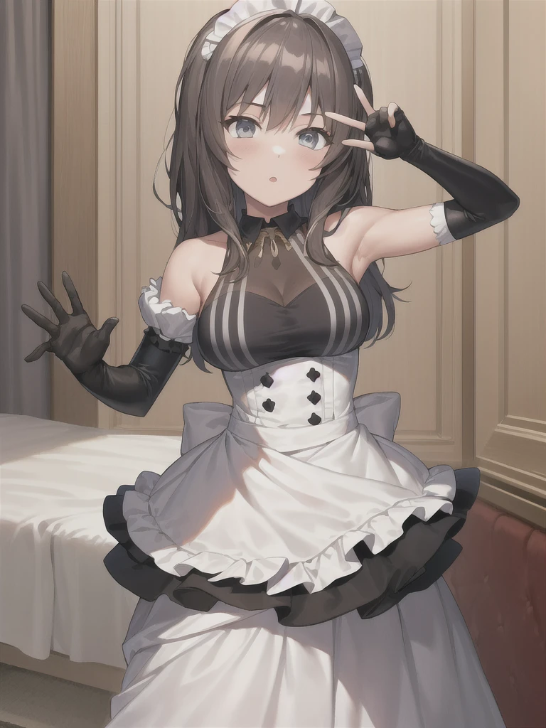 (in hotel, masterpiece, best quality:1.2), maid, 1girl, (holding baby, hold infant), waving hair, ((dark side, elbow gloves))