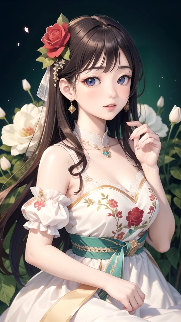 (Flower-like笑顔)、(Flower-like)、(Like flowers)、(Floral fragrance)、(Everyone is enchanted)、(Pale petalsピンクの色)、(Pale petalsブルーの色)、((Highest quality、Highest quality、masterpiece、Beautiful and beautiful、There is only one beautiful woman with long hair and beautiful eyes.、A gentle gaze、Rosy Cheeks))、 Delicate embroidery decoration、Detailed、Pale petals、Lightness、Realistic feel、Super beautiful graphics