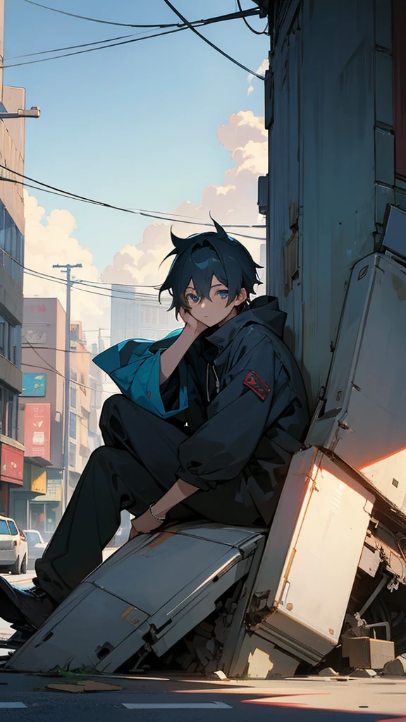 Boy anime sitting in street while having a wreck Background. Make it cold atmosphere