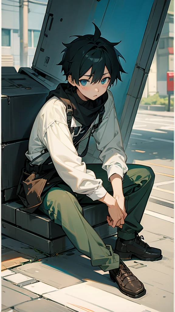 Boy anime sitting in street while having a wreck Background. Make it cold atmosphere