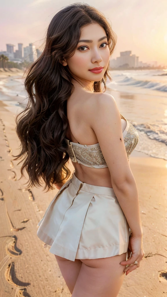 dark brown hair、Light brown eyes、The face of the indian actress、 Lady、face of about 38 years old.、(intricate-detail:1.2)、(top-quality:1.4)、 (超A high resolution:1.2)、超A high resolution、(A detailed eye)、(detailed facial features)、nffsw、8K resolution、D-cup size breasts、、Ass facing me、i am wearing a miniskirt.me wearing a camisole、length hair、Walk on the beach in Los Angeles、stories and snaps、Looking back, Beautiful Los Angeles skyline view、セットアップlo fashion、LAlo fashion、カジュアルlo fashion、ロサンゼルスlo fashion、
