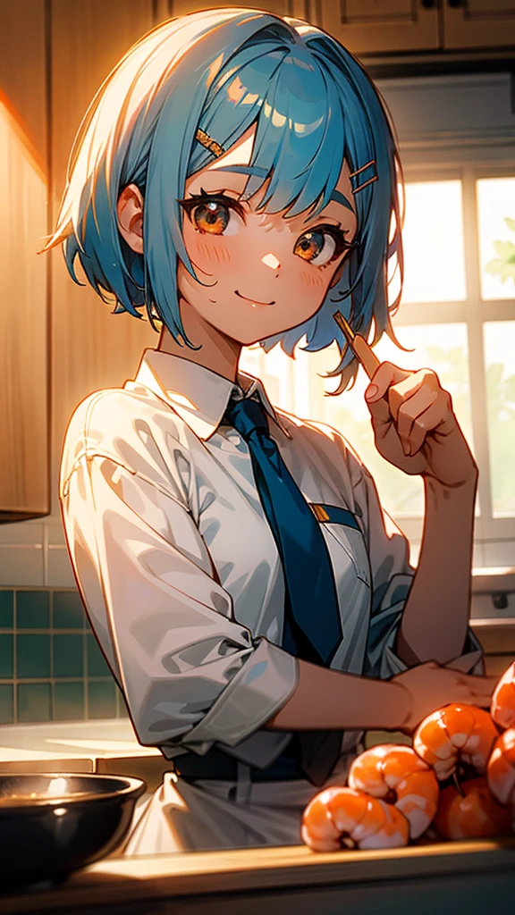 1 girl、Anime Images、kitchen、Delicious food、shrimp、Shiny light blue hair、Short Bob Hairstyles、Tie your hair with an orange hair clip、Beautiful brown eyes、smile、Upper body close-up、Sharp contours、Background Blur、Written boundary depth