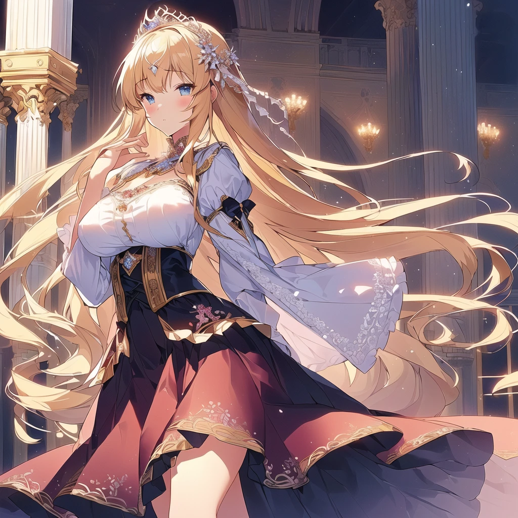 ((Anime cute art style)),(((digital))),Noble atmosphere,(masterpiece), (best quality), (Super detailed),illustration,(Very delicate and beautiful),Dynamic angle,looking at the audience,(((solitary))),((whole body)),(((1 Gorgeous and noble princess in wide skirt))),jewel eye,(Very long hair),Gorgeous embroidery and lace,transparent,gorgeous ruffles,(Huge breasts,Long Breasts),(Gorgeous ball gown with loose skirt),