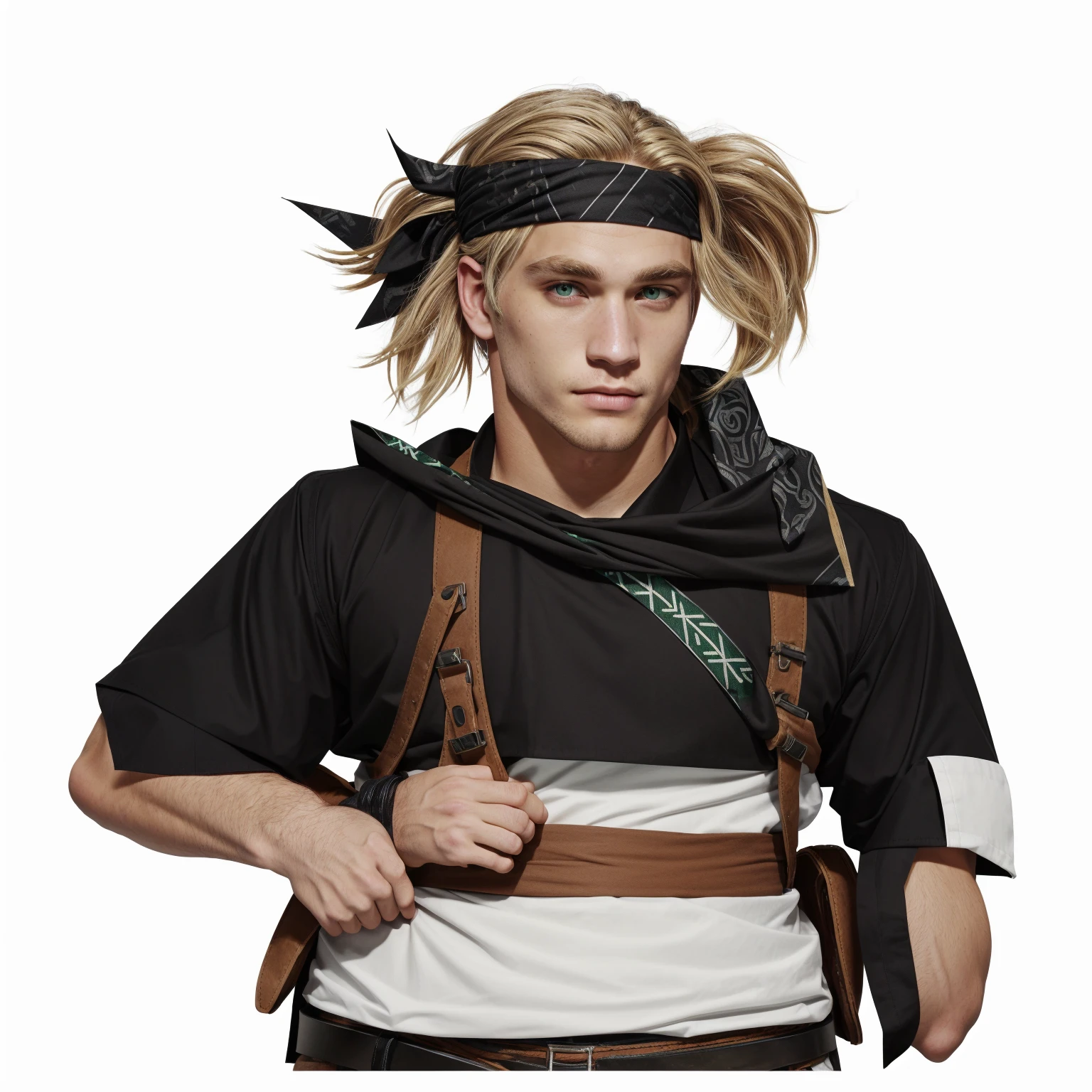 ash blond hair color,black rob with bulls mark,brown belt,green eyes,black bandan in porehead