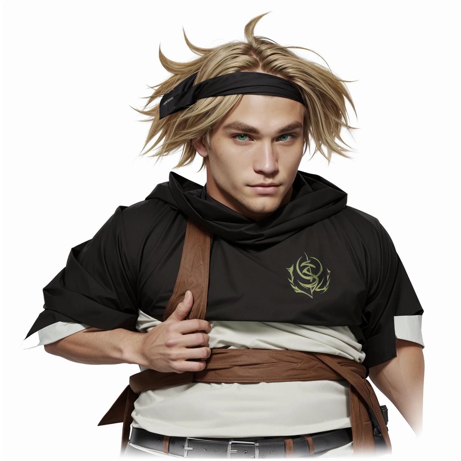 ash blond hair color,black rob with bulls mark,brown belt,green eyes,black bandan in porehead