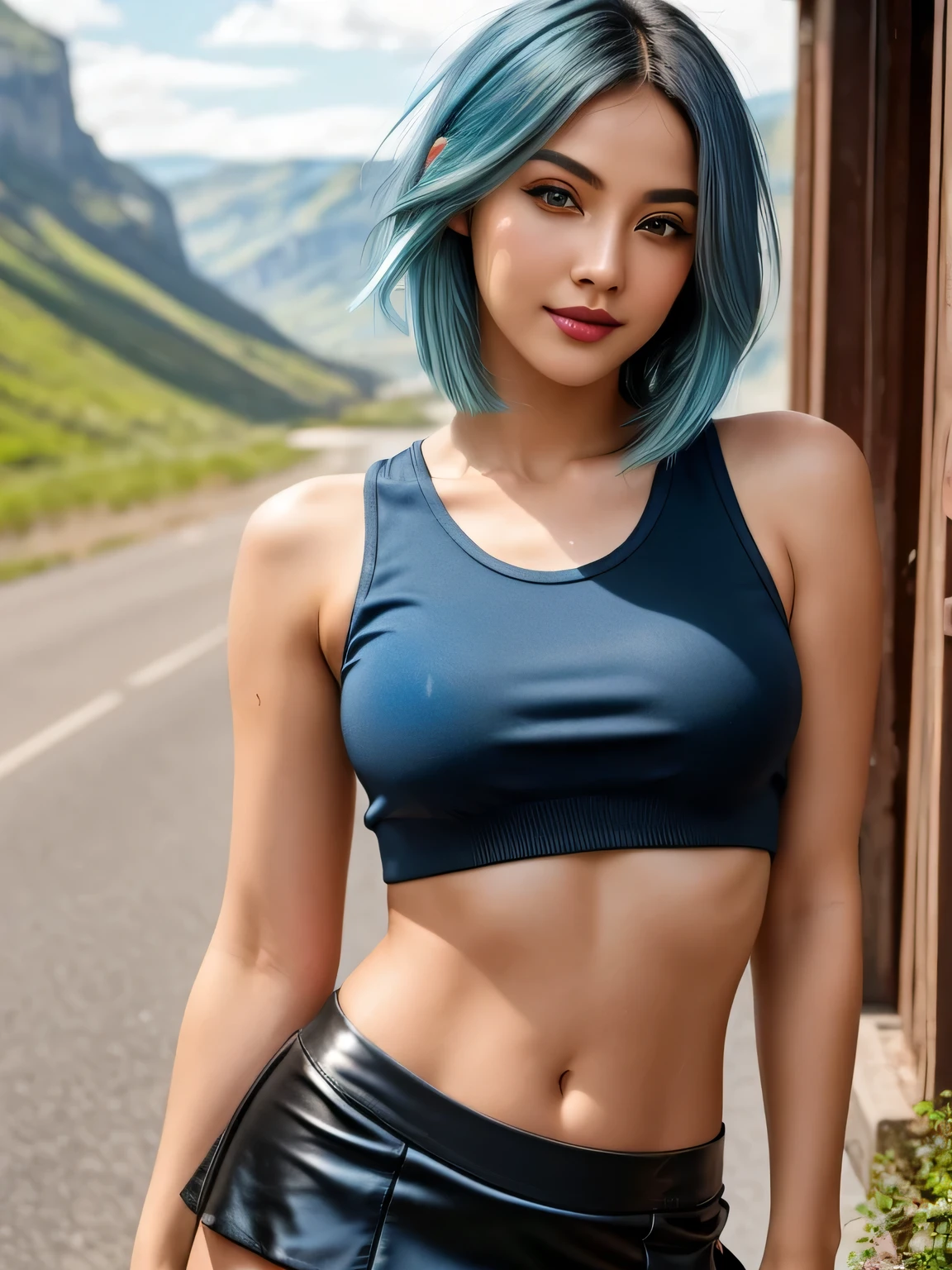 (blue hair:1.4), short hair, realistic green eyes, cobalt hair, long bob hair, tousled hair, shoulder length hair, Full body, woman with white skin and Asian features, 24 year old, big breast. She has a small, elegant nose with a slight upward curve at the tip. Her lips are full and naturally pink, with a well-defined Cupid's bow. Her teeth are straight and white, enhancing her captivating smile. Her face has an oval shape with high cheekbones that add to her model-like appearance. highly detailed glowing eyes, specular light, extreme quality, crystal clear, cute face, detailed skin pores, oil Dark skin, brown, complex eye details, 8K, (masterpiece:1.3), ultra detailed, ultra high res, (realistic, photo realistic:1.37), high detail RAW color photo, professional photograph, 1 girl with a perfect body, super fine face and eyes, (dark makeup, pink lipstick, eyeliner), ((cowboy shot)), (perfect proportions), (anatomically correct), ((view the viewer)), (ethereal tanktop:1.2) black, silver Color, ((red, (black mini skirt:1.2))), ((Valley exposure:1.3)), beautiful cheekbones, (slim belly:1.2), (narrow waist:1.4), The attention to detail, On the street, (short hair:1.2), (short hair:1.3), (short hair:1)