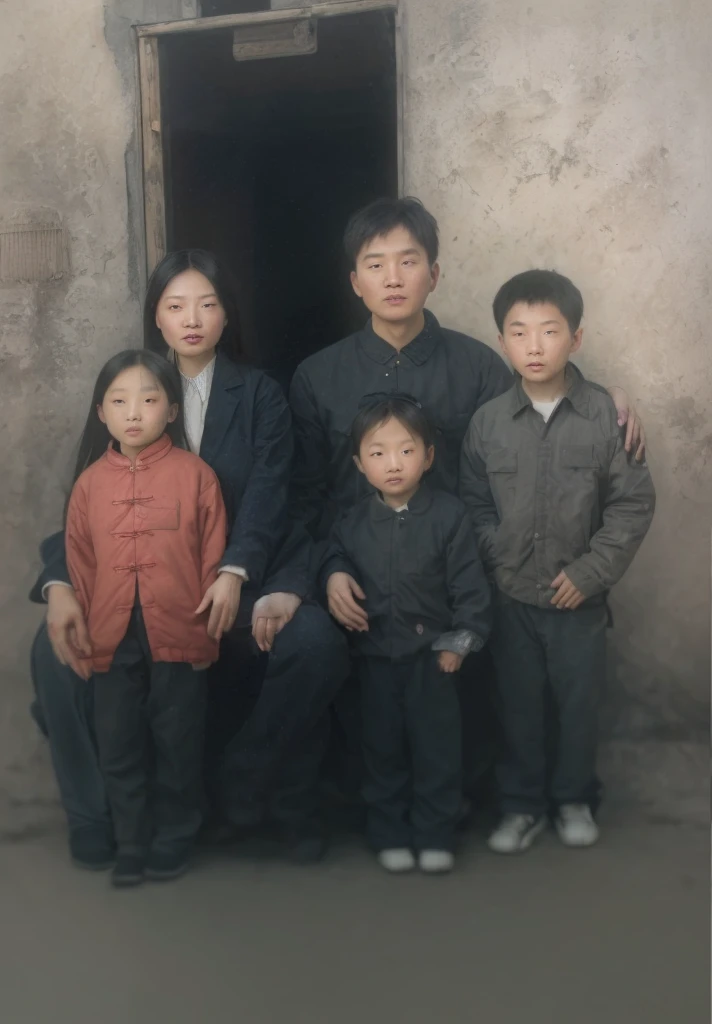 A group photo of a Chinese couple and three children, the parents are sitting, the three boys in front are standing on the dirt road, the clothes and pants have clear texture, ultra-clear texture, camera shooting effect, natural light and shadow, ultra-clear realism, very detailed eyes and face, ultra-detailed, highly clear, (photorealistic: 1.2) (virtual: 1.2) (detailed skin: 1.3) (film lighting: 1.3) (sharp focus), glossy skin, digital SLR, soft lighting, high quality, skin texture, clear hair, clear clothes texture, film grain, close-up, ultra-high resolution, 32K, masterpiece