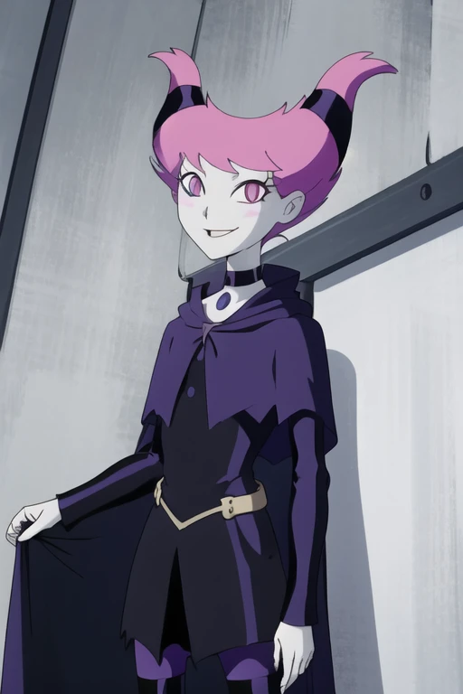 ((masterpiece,best quality)), absurdres, Jinx_TeenTitans, 1girl, solo, pink eyes, pink hair, grey skin, hair up, pale skin, medium hair, hair horns, choker, striped pantyhose, capel, cloak, cape, black dress, jewelry, solo, smiling, looking at viewer, cowboy shot,