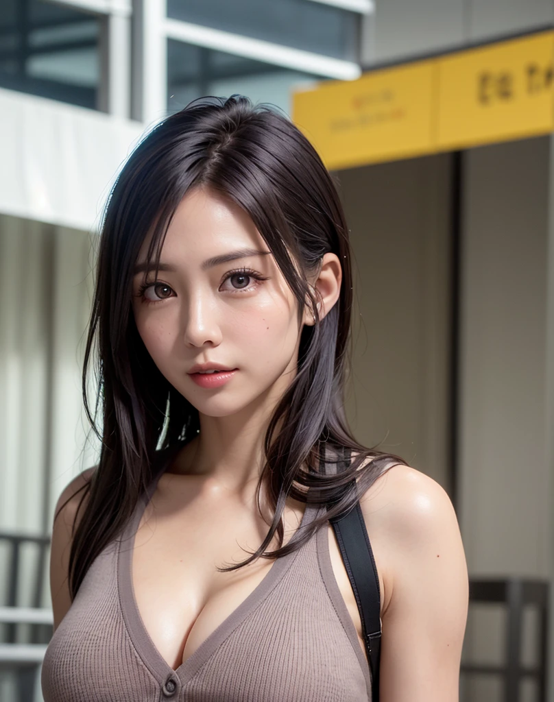 (in 8K, top-quality, masterpiece:1.2), (realisitic, Photorealsitic:1.37), ultra-detailliert, Natural sunlight, mideum breasts, I can see the cleavage, 1 persons, 25 year old woman, Dark hair, Pendants, Torn shorts, Light Knit V-Neck Shirt, At the time of performance, extremely detailed face and skin, A detailed eye, extremely detailed face and skin
