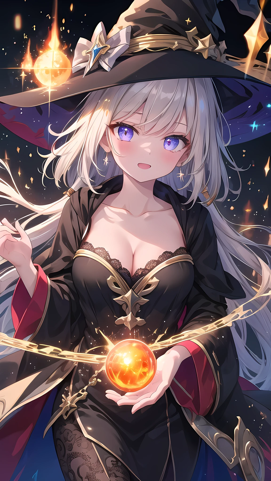 (8k, best quality, master piece: 1.2),super high resolution,1 girl, solo, colorshift eyes, hyperdetailed, expressive eyes, ultra-detailed face,　 fantasy witch, Velvet, lace, orange, gold, Black Robe、Pointed hat、Magic wand, Magic Circle, Shining grain, random hair, Magical cave, Blue, purple, gold, dark, magical glow, Ecstatic expression, Collarbone, cleavage, cowboy shot, spark、Fireball